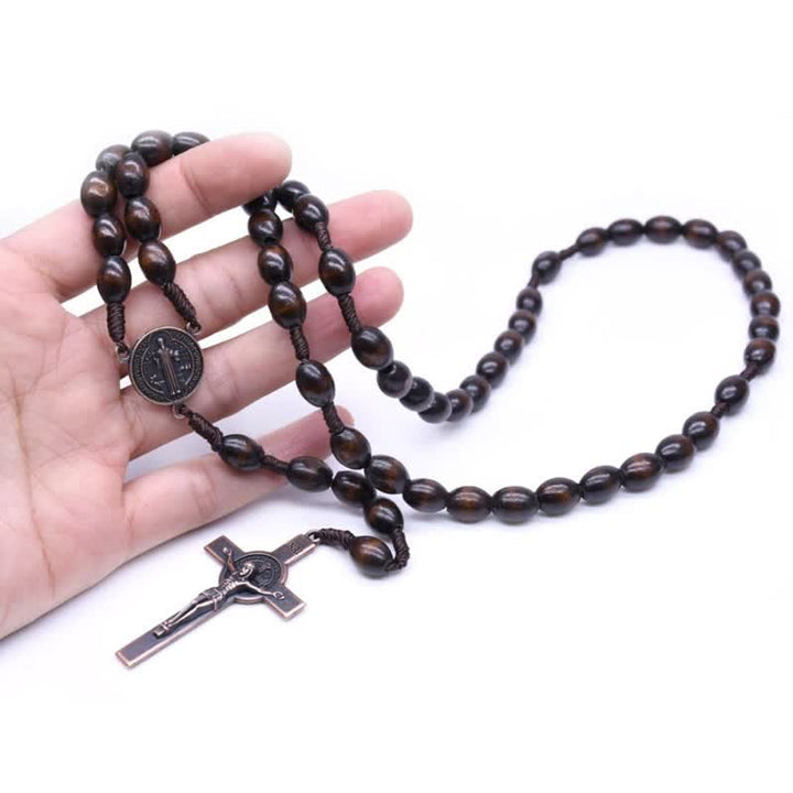 Collana rosario in legno con croce vintage lavorata a maglia Olivenorma - image 1