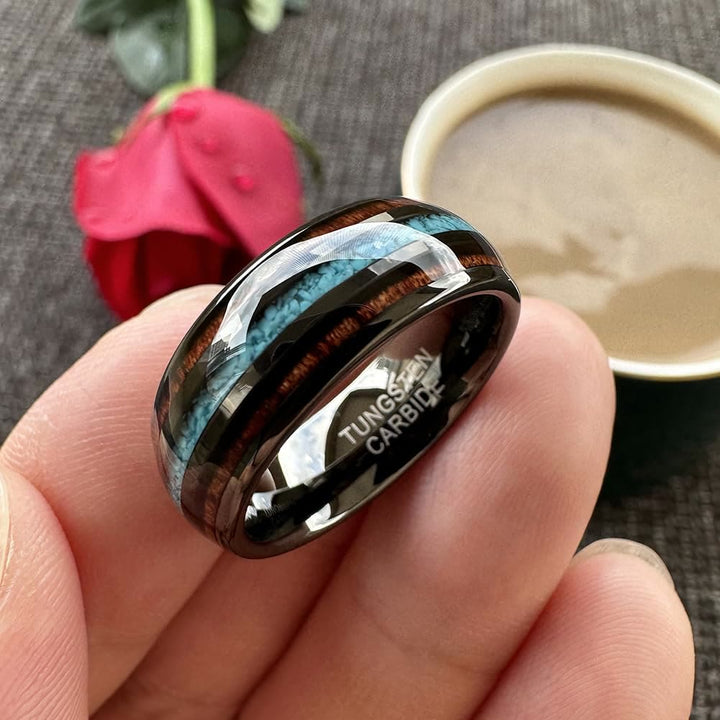 Anello in carburo di tungsteno lucido turchese da 8 mm in legno Olivenorma