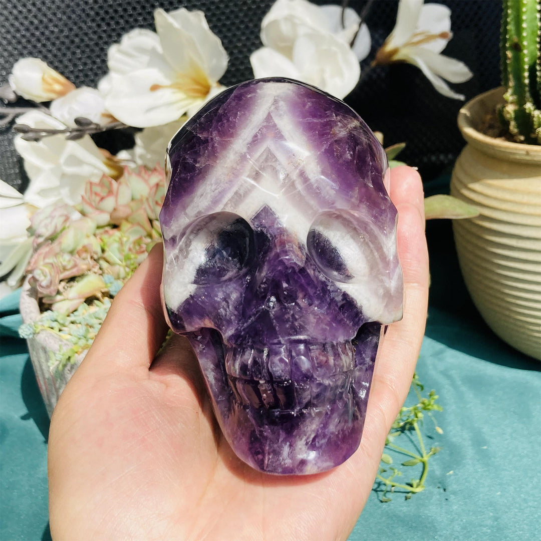 Olivenorma 10cm Decorazione in pietra preziosa ametista naturale da sogno, teschio di cristallo 