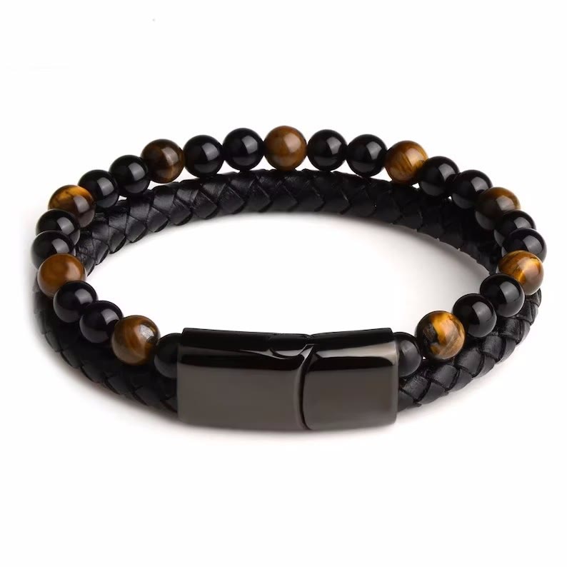 Bracciale Olivenorma in pelle di occhio di tigre naturale a doppio strato 