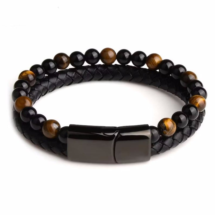 Bracciale Olivenorma in pelle di occhio di tigre naturale a doppio strato 
