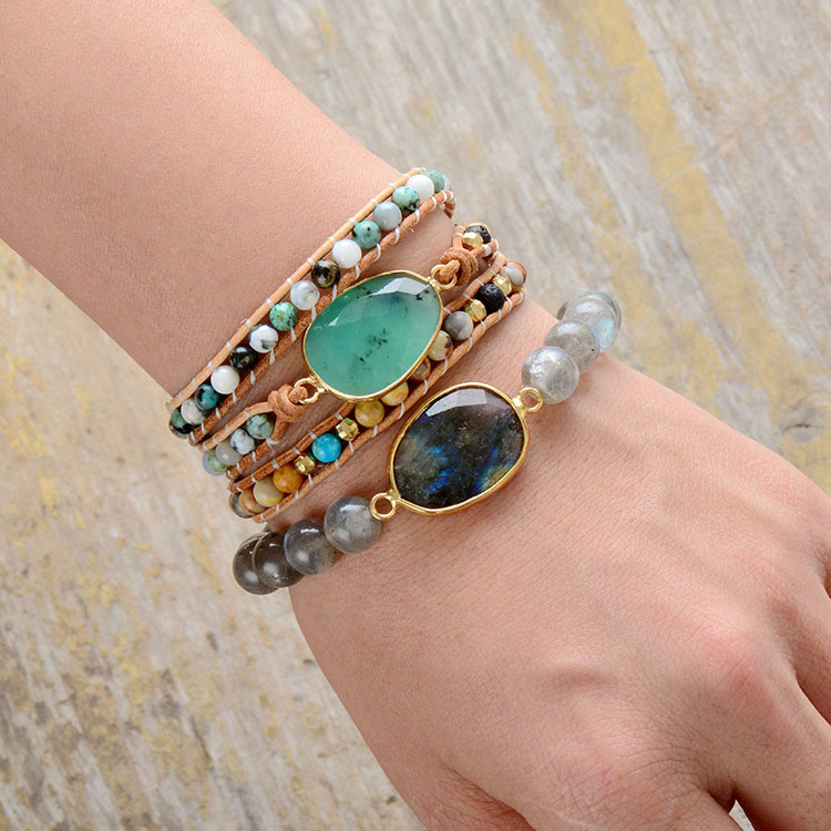 Bracciale in giada verde naturale Olivenorma con perline Boho 