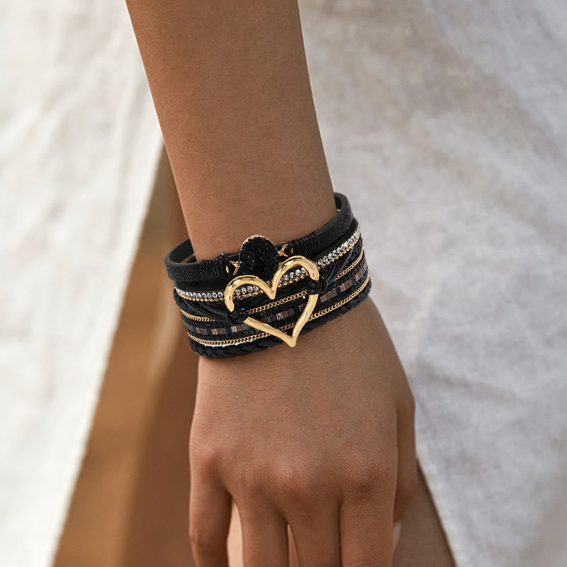 Olivenorma Bracciale in pelle intrecciata con cuore metallico e cristalli multicolori 