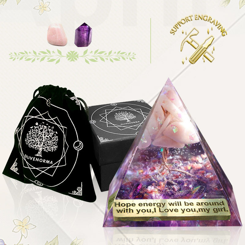 Olivenorma Albero della vita Piramide di orgone in opale rosa con ametista 