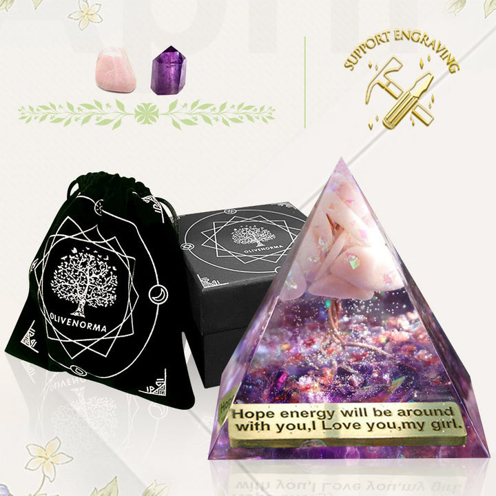 Olivenorma Albero della vita Piramide di orgone in opale rosa con ametista 