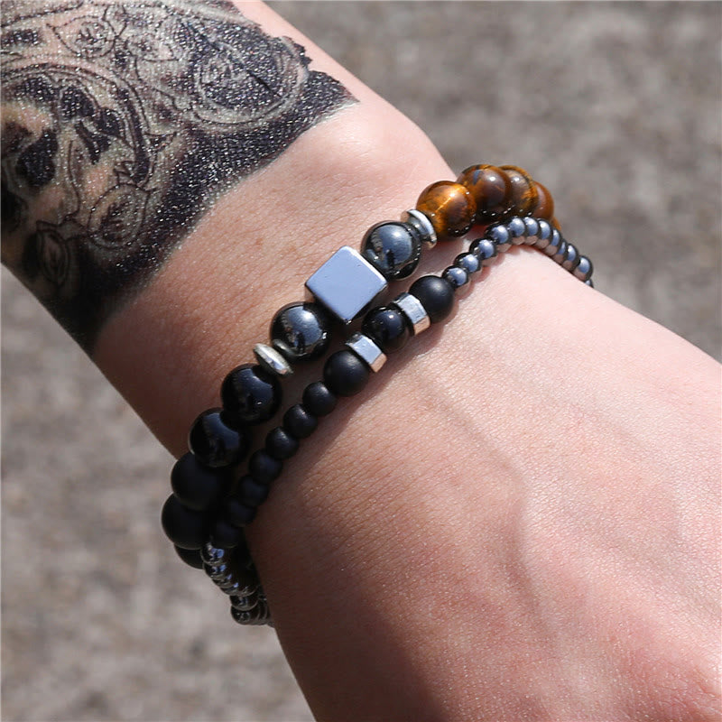 Olivenorma Set di bracciali elastici con cubo nero in occhio di tigre satinato
