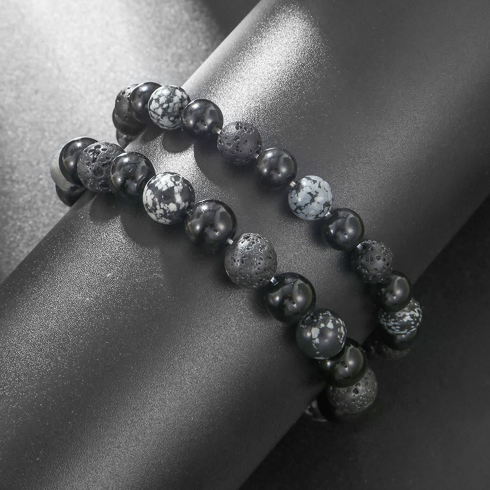 Bracciale da uomo con perline in pietra lavica, ossidiana e fiocco di neve di onice nero Olivenorma
