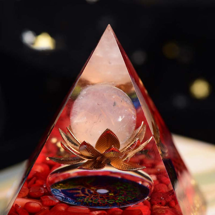 Olivenorma Corallo rosso Quarzo rosa Simbolo del loto Piramide di orgone