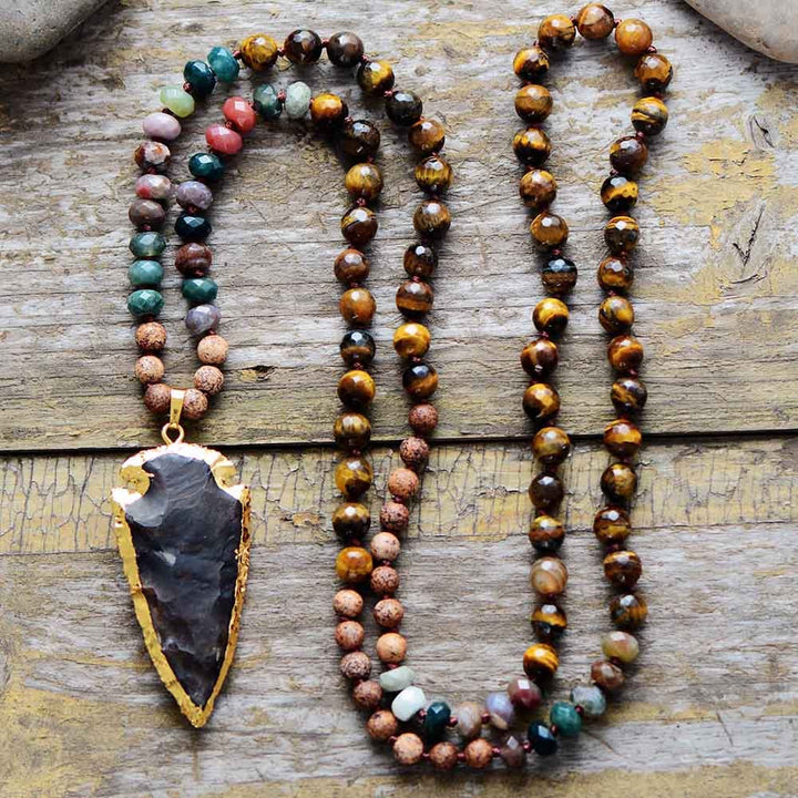 Collana Mala con ciondolo a punta di freccia in pietra di ossidiana con occhio di tigre Olivenorma 