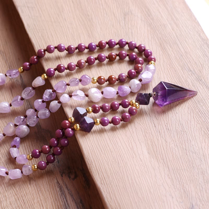 Collana Mala con perline di giada viola e ametista naturale Olivenorma
