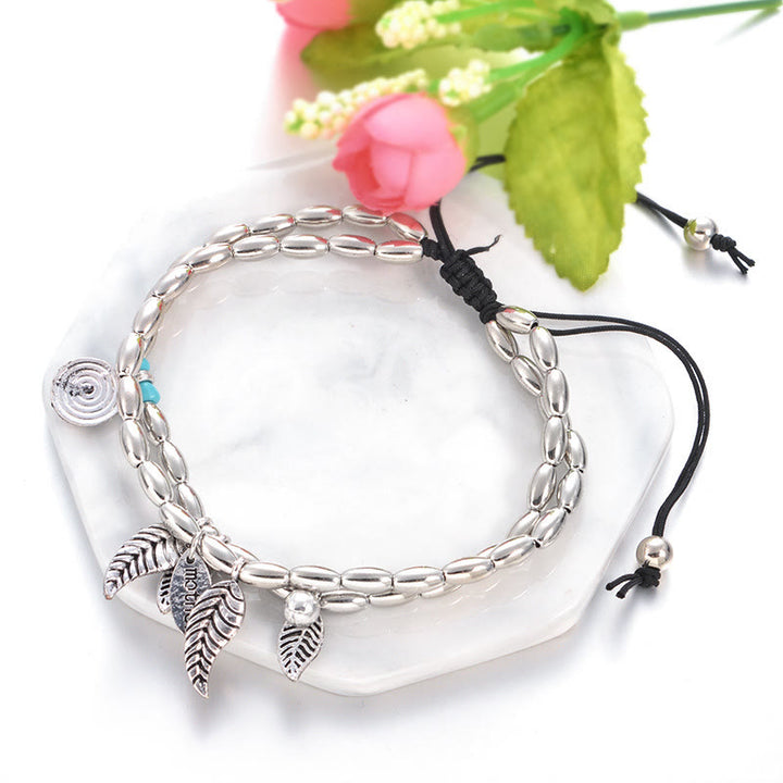 Olivenorma Bracciale Cavigliera Doppio Strato in Foglia d'Argento Turchese 