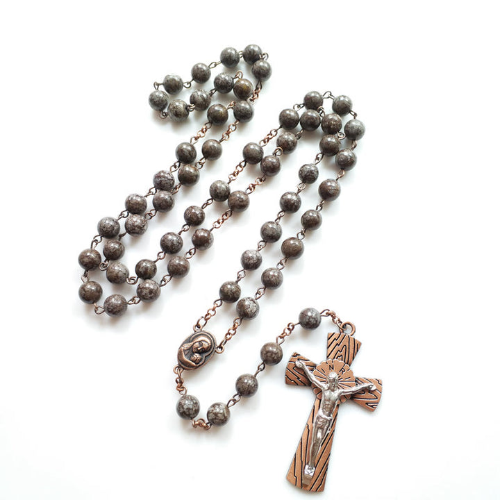 Collana rosario con croce di Gesù in ossidiana fiocco di neve Olivenorma