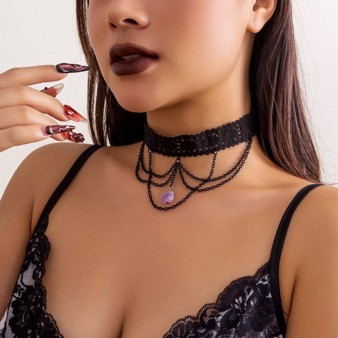 Collana girocollo in pizzo gotico di Halloween con ametista Olivenorma 