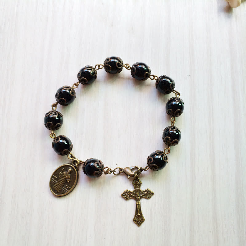 Olivenorma Ossidiana Medaglia Sacra Croce Pendente Rosario Bracciale 