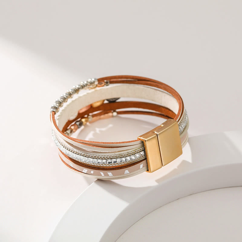 Bracciale in pelle a più livelli con foglia di zircone bianco ematite Olivenorma 