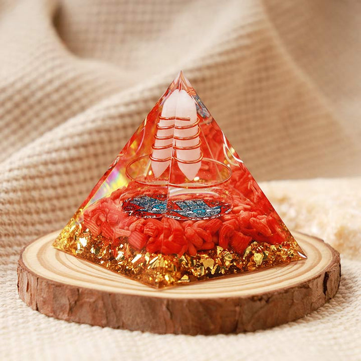 Olivenorma Opale con Corallo Rosso Hamsa Orgone Piramide 