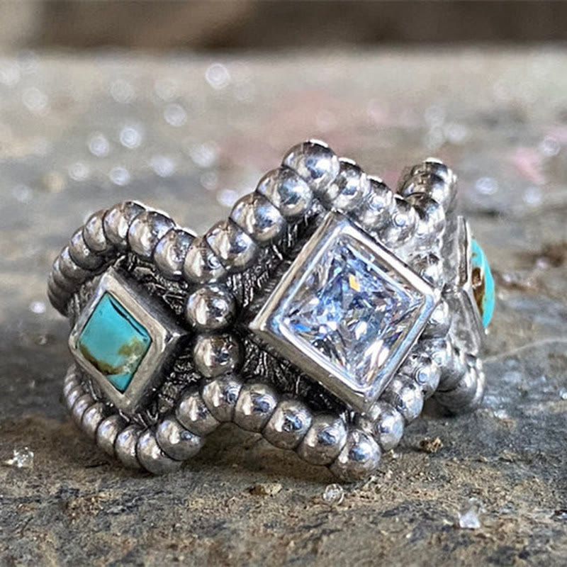 Anello Olivenorma Vintage Turchese Intarsiato con Zirconi 