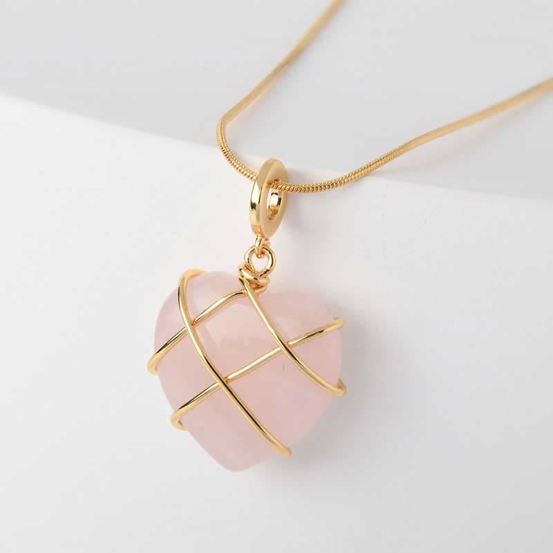Collana con pietra preziosa a forma di cuore in quarzo rosa Olivenorma 