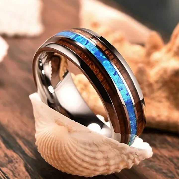 Anello Olivenorma in legno di Koa e conchiglia di abalone in carburo di tungsteno 