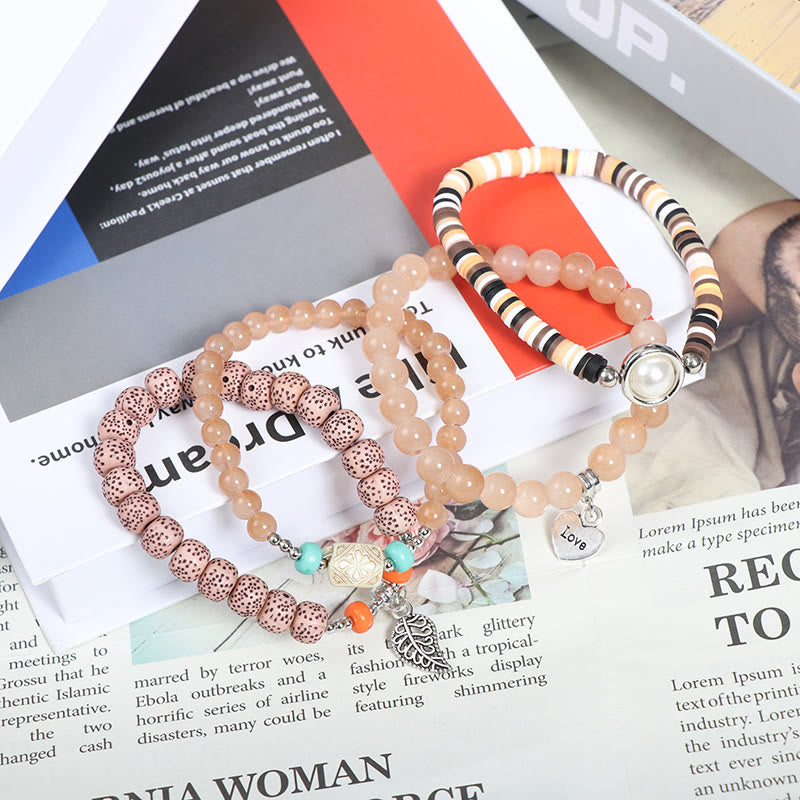 Set di braccialetti di perle con ciondolo a forma di cuore e foglia Olivenorma