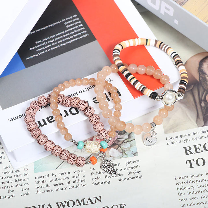 Set di braccialetti di perle con ciondolo a forma di cuore e foglia Olivenorma