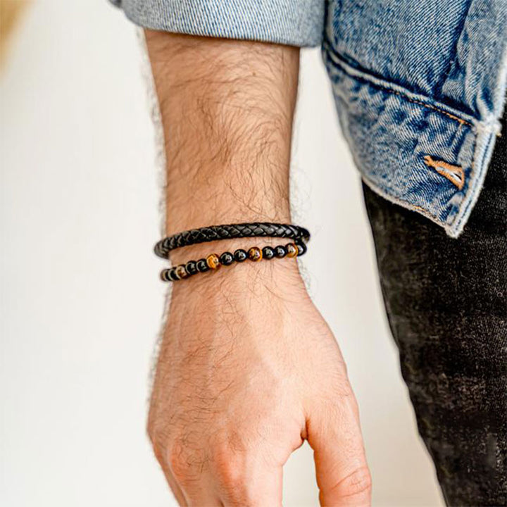 Bracciale in pelle intrecciata con occhio di tigre da uomo