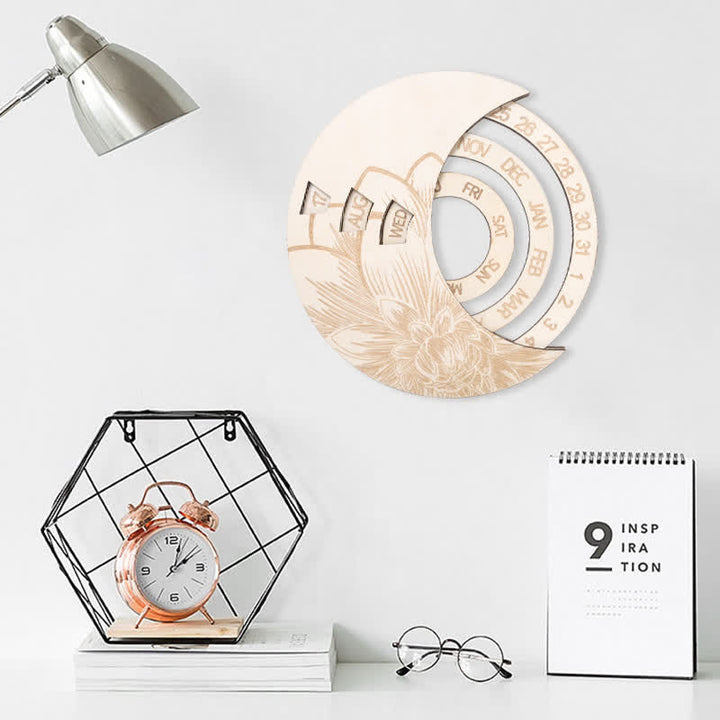 Olivenorma Circle Calendario perpetuo in legno a forma di mezzaluna, decorazione da parete