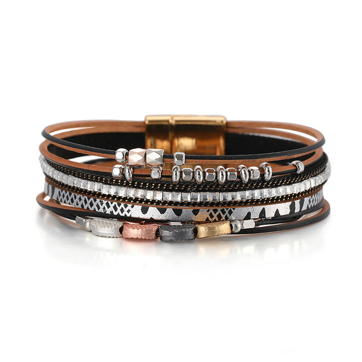 Bracciale in pelle a più livelli con foglia di zircone bianco ematite Olivenorma 