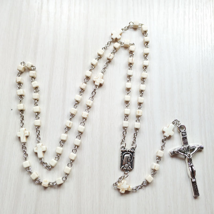 Collana rosario con perline a cubo turchese bianco Olivenorma
