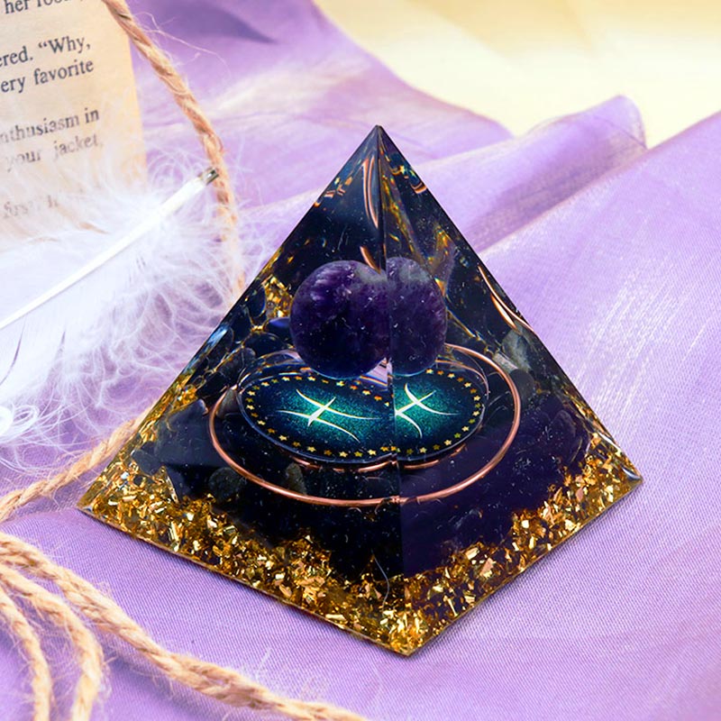 Sfera di ametista Olivenorma con piramide di orgone in ossidiana Zodiaco Pesci 