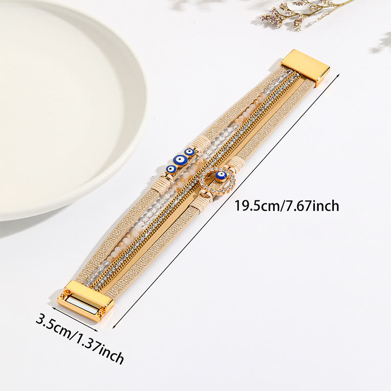 Olivenorma Braccialetto largo in pelle di metallo con zircone bianco Boho Evil Eye