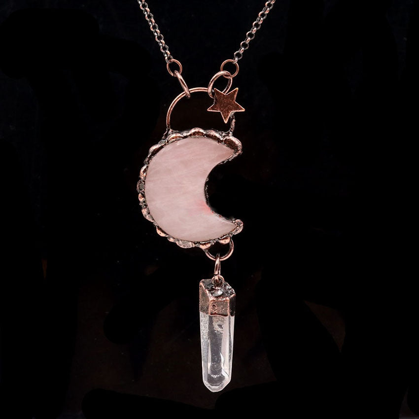 Collana con ciondolo in pietra preziosa con stella luna di cristallo Olivenorma - Quarzo rosa e quarzo trasparente - image 2