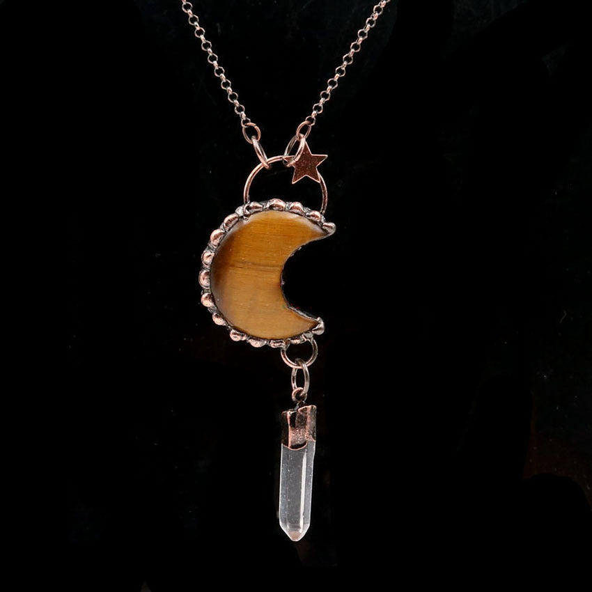 Collana con ciondolo in pietra preziosa con stella luna di cristallo Olivenorma - Occhio di tigre e quarzo trasparente - image 9