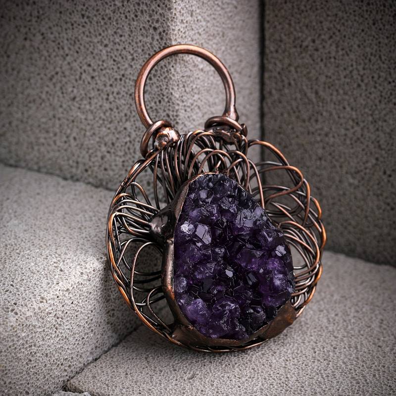 Collana Olivenorma con pietra preziosa di ametista irregolare intarsiata e filo avvolto
