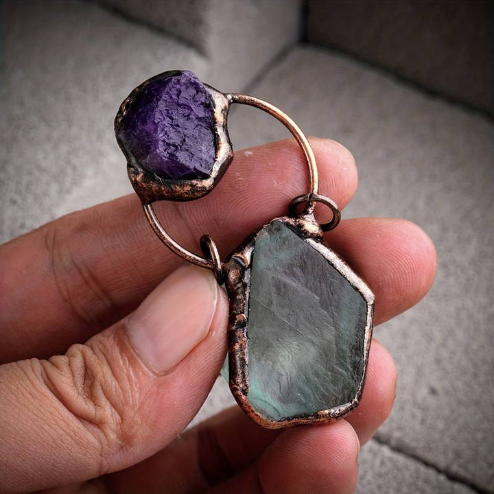 Collana con pietra preziosa irregolare di fluorite verde e ametista Olivenorma