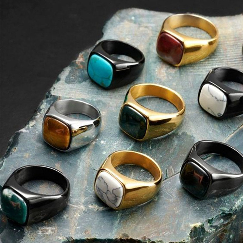 Anello in acciaio al titanio con pietra naturale vintage Olivenorma - image 0