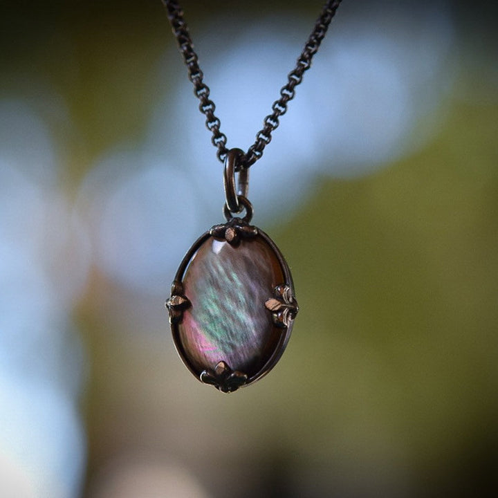 Collana con specchio ovale vintage in pietra occhio di gatto Olivenorma