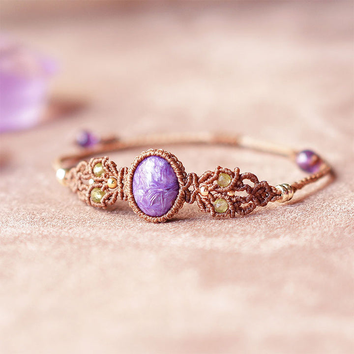 Bracciale intrecciato a mano con acquamarina, lepidolite e charoite naturale Olivenorma 