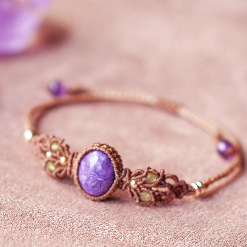 Bracciale intrecciato a mano con acquamarina, lepidolite e charoite naturale Olivenorma 