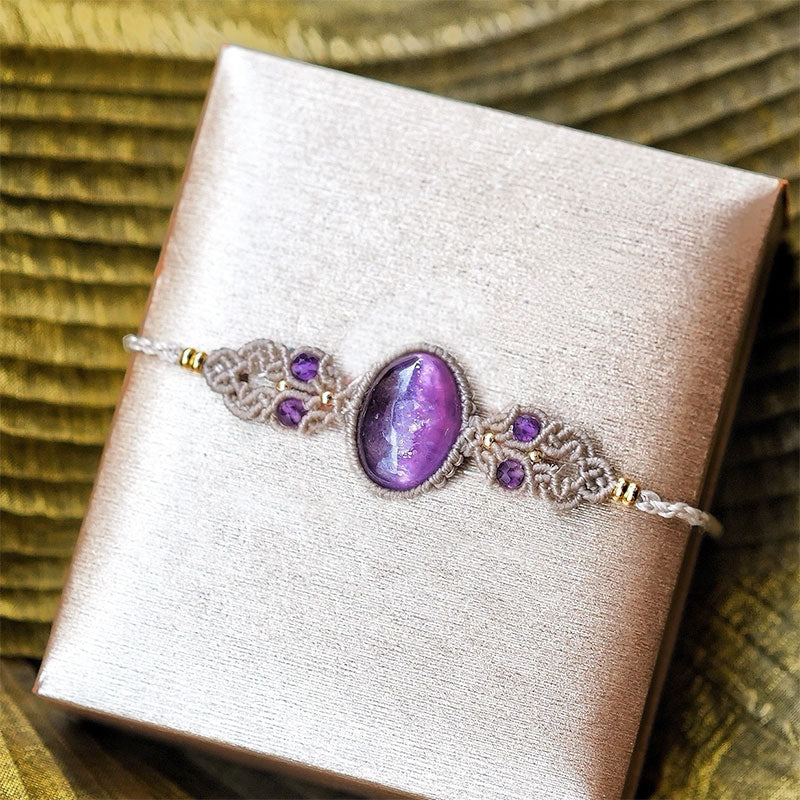 Bracciale intrecciato a mano con acquamarina, lepidolite e charoite naturale Olivenorma 