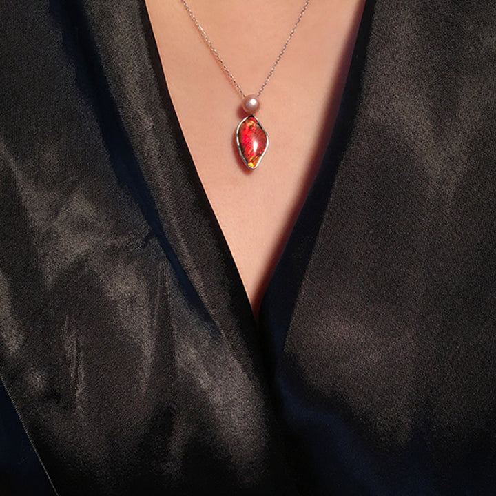 Collana in argento 925 con perle d'acqua dolce e ammolite naturale Olivenorma 