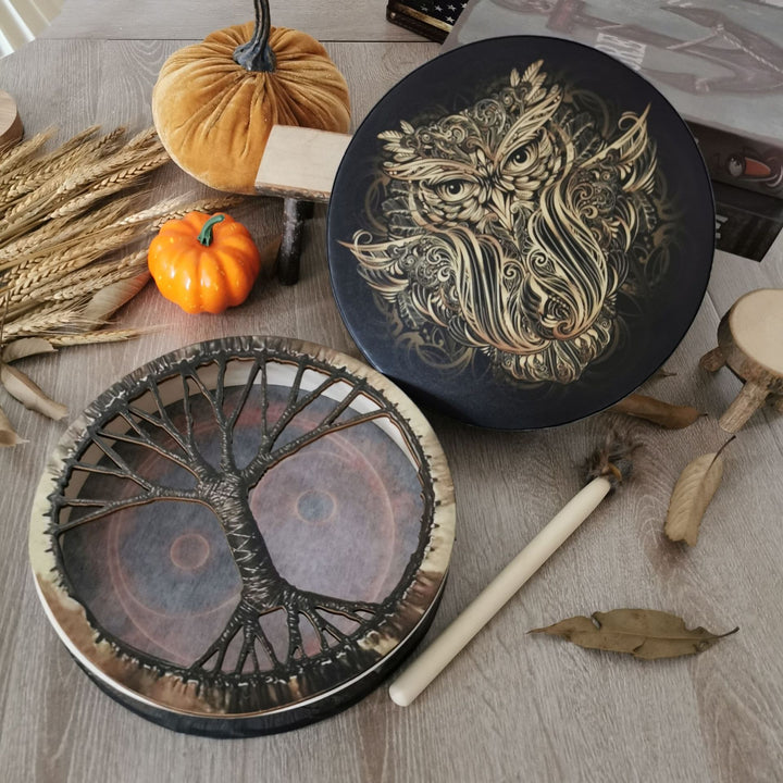 Olivenorma tamburo sciamanico siberiano con stampa di gufo fatto a mano