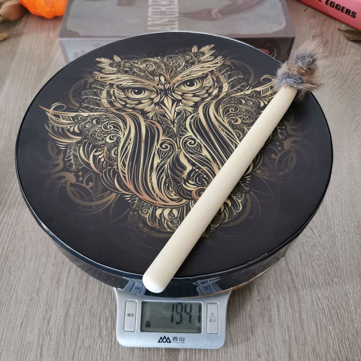 Olivenorma tamburo sciamanico siberiano con stampa di gufo fatto a mano