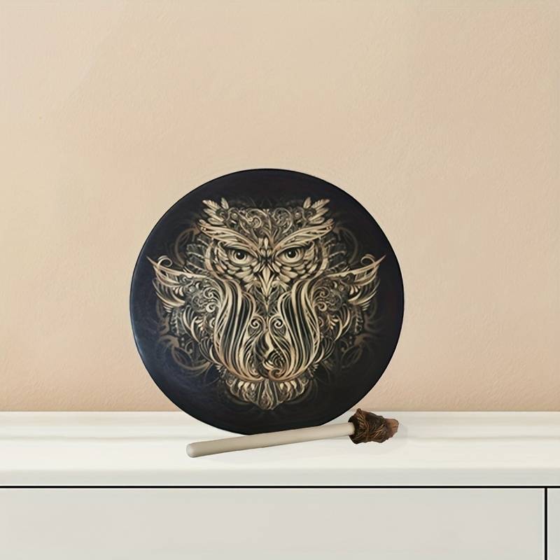 Olivenorma tamburo sciamanico siberiano con stampa di gufo fatto a mano