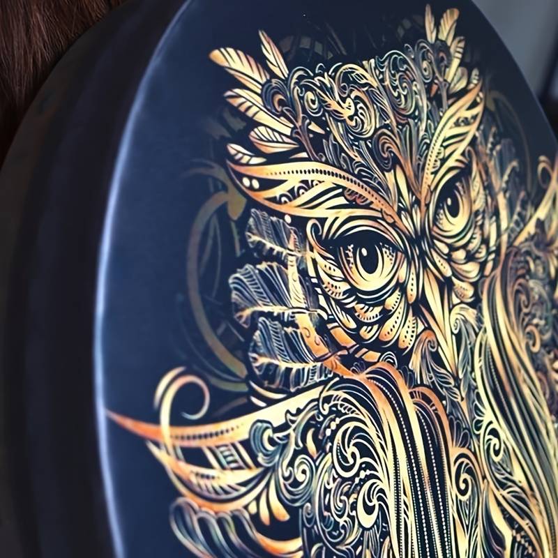 Olivenorma tamburo sciamanico siberiano con stampa di gufo fatto a mano