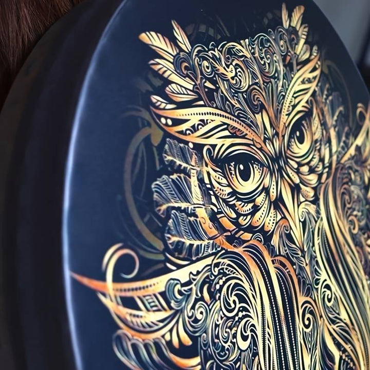 Olivenorma tamburo sciamanico siberiano con stampa di gufo fatto a mano