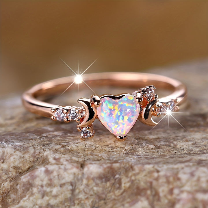 Anello Olivenorma "Light Of Our Love" con cuore in opale e fasi lunari