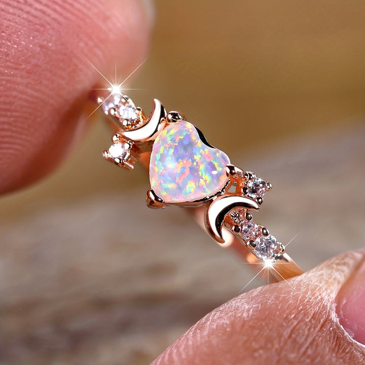 Anello Olivenorma "Light Of Our Love" con cuore in opale e fasi lunari
