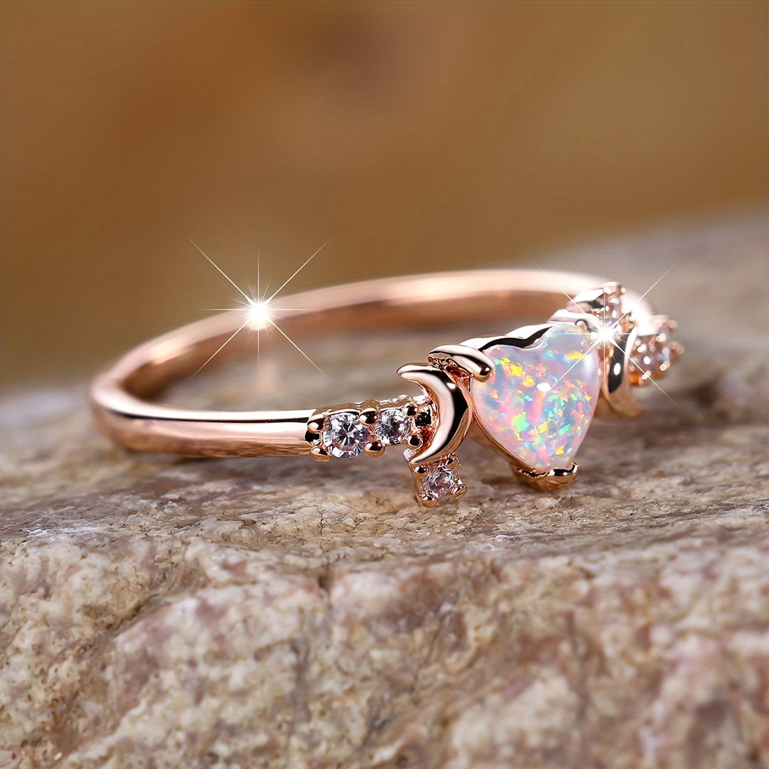 Anello Olivenorma "Light Of Our Love" con cuore in opale e fasi lunari