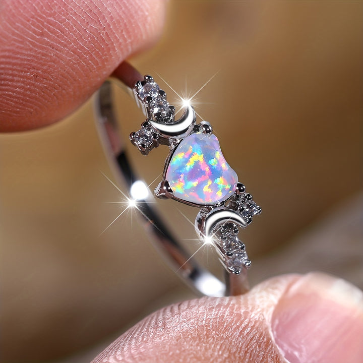 Anello Olivenorma "Light Of Our Love" con cuore in opale e fasi lunari